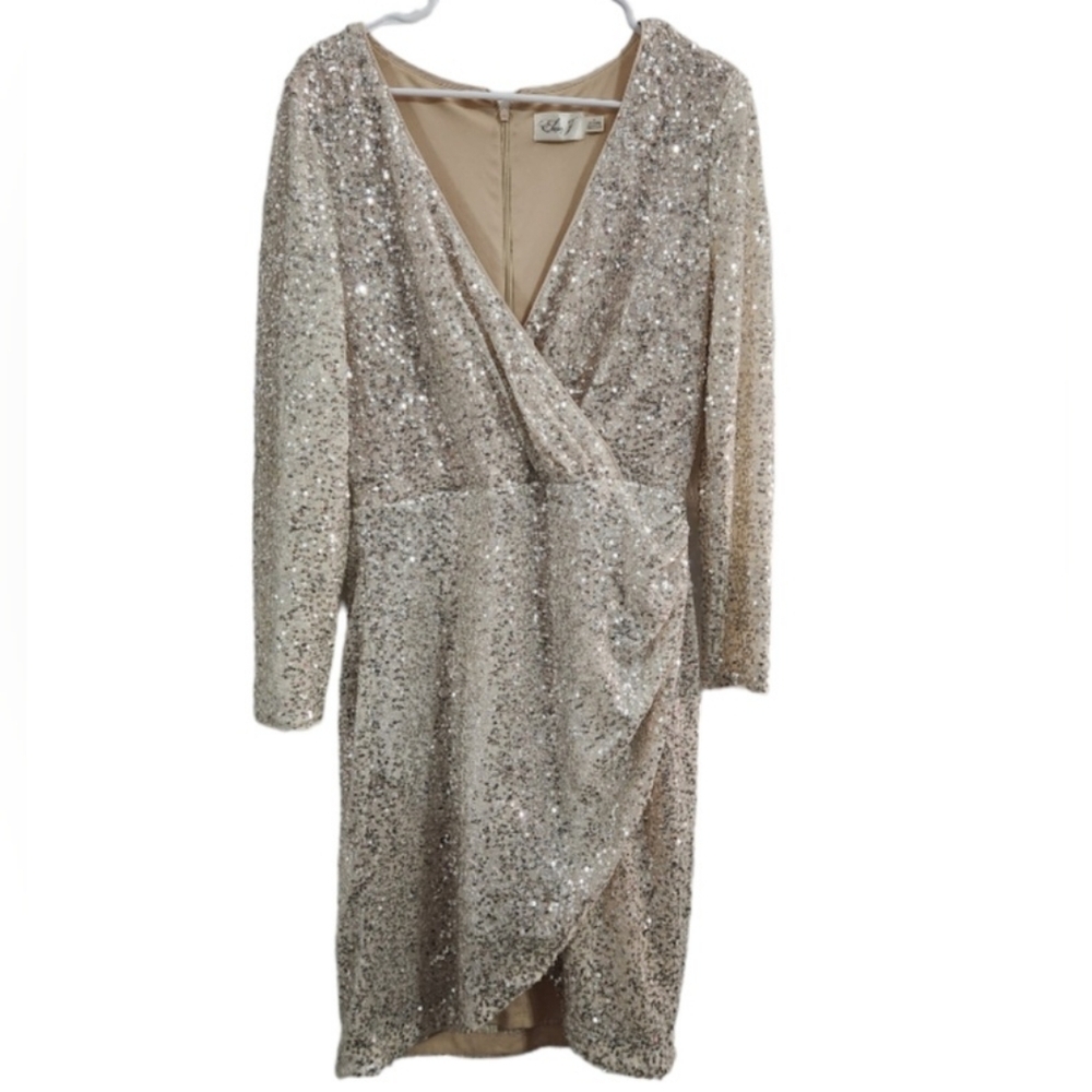 Eliza J sequins wrap long sleeve dress wedding cocktail formalwear glam size 14